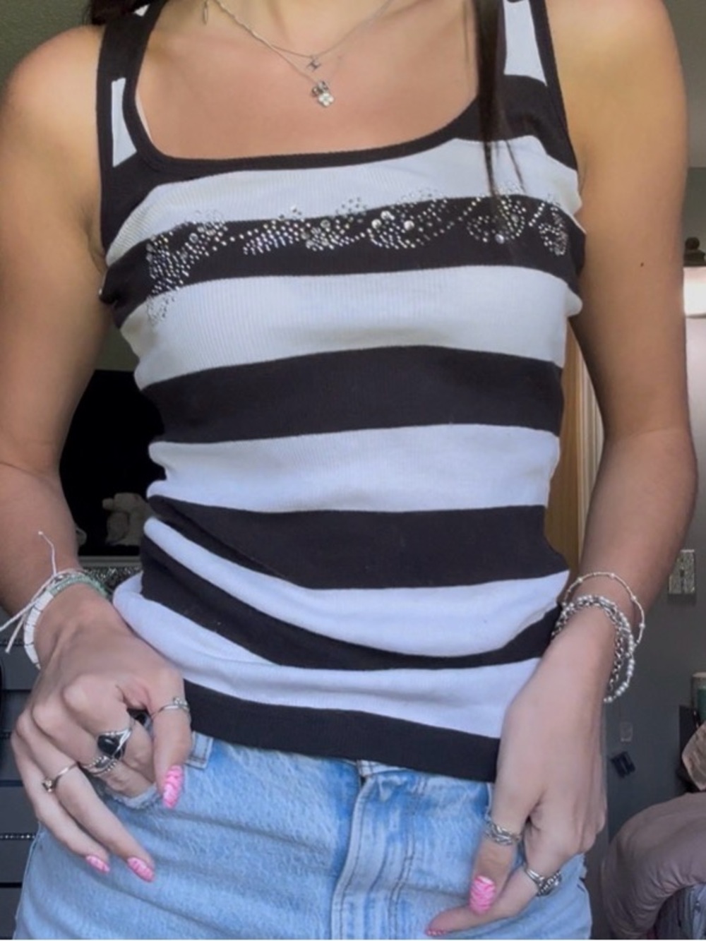 Guess Striped Black and White Tank Top - Women's Casual Ribbed Tank